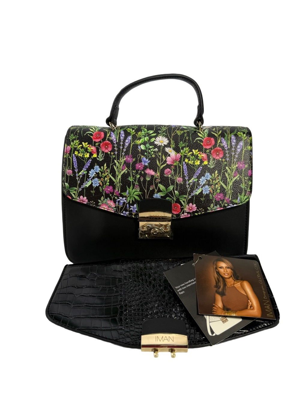 IMAN Black Floral-Print Top Or CrocTop - Combo Satchel